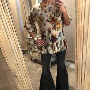 Cream sheer floral ruffle top